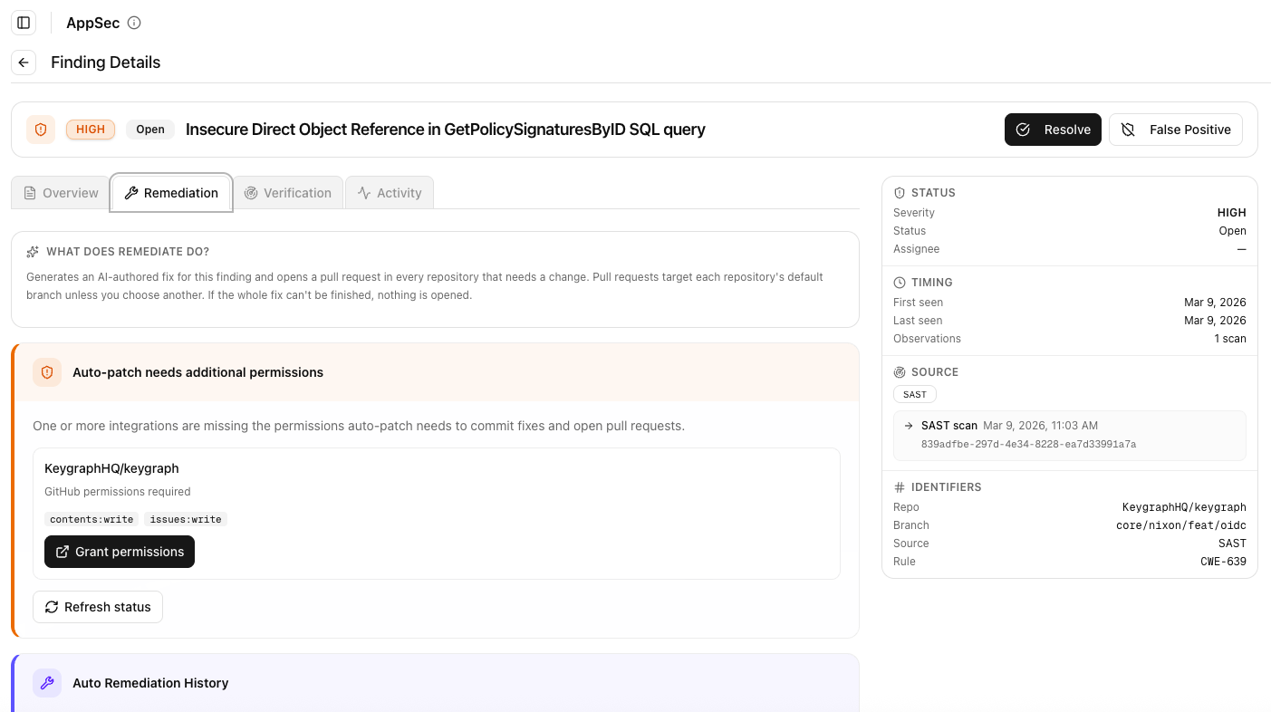 Keygraph Enterprise remediation workflow for generating a fix and opening a pull request